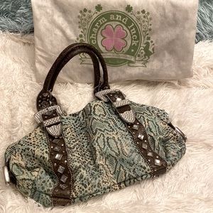 Charm and luck leather teal leopard print handbag. 16inW/9inH